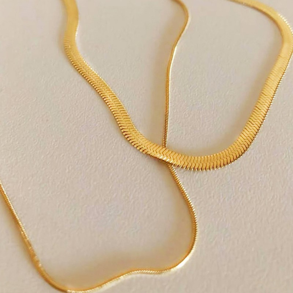 18K Gold Plated Double Flat Thin Snake Chain Clavicle Chain (Gold/Double Layer) - Picture 7 of 7